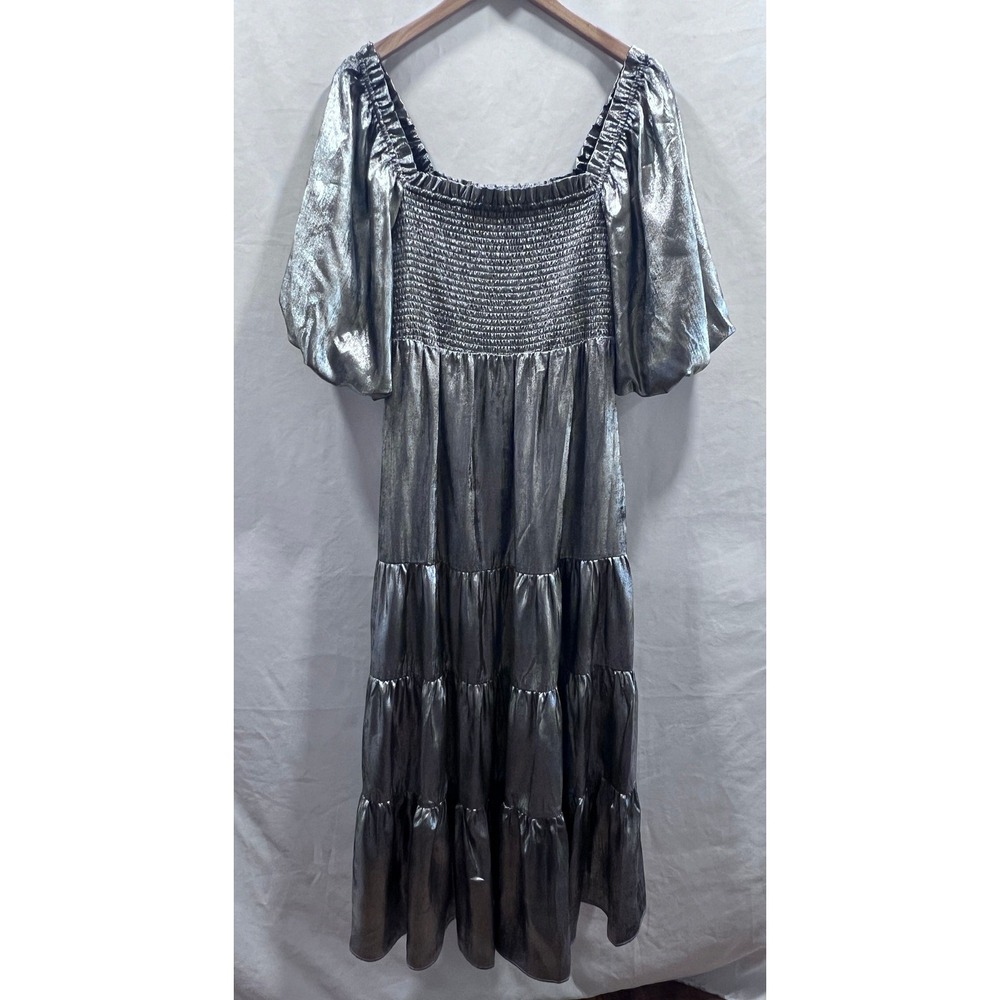 A‎ Loves A Women XL Metallic Silver Smocked Puff Sleeve Tiered Midi Dress Party